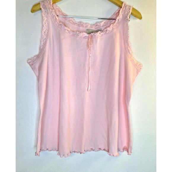 Women's Y2K Petal Pink Lace Trim Crochet Ribbed Tank Top Plus Sz 18W Boho Chic - Picture 1 of 9